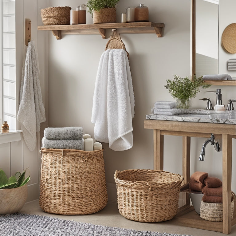 A serene bathroom with a mix of modern and rustic elements: a wooden ladder repurposed as a towel rack, wicker baskets storing toiletries, and a marble countertop with elegant glass jars.