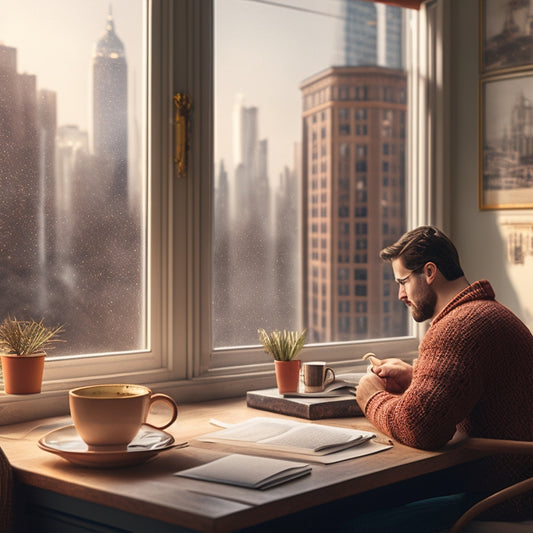 A warm, inviting illustration of a person sitting in a cozy room surrounded by scattered diary pages, pens, and coffee cups, with a subtle cityscape outside the window.