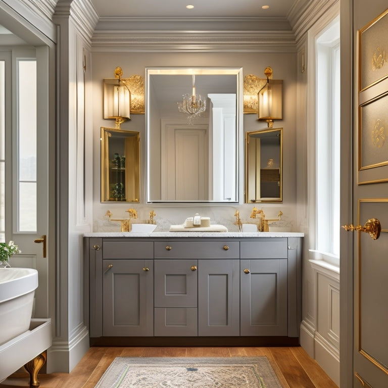 A sleek, modern bathroom featuring a long, floor-to-ceiling wall cabinet with multiple drawers, soft-close doors, and ornate hardware, surrounded by neutral-toned walls and a large, rectangular mirror.