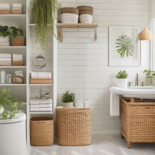 A serene, white-tiled bathroom with a neatly organized cabinet, featuring stacked baskets, a tiered shelf, and a hanging caddy, surrounded by lush greenery and soft, warm lighting.