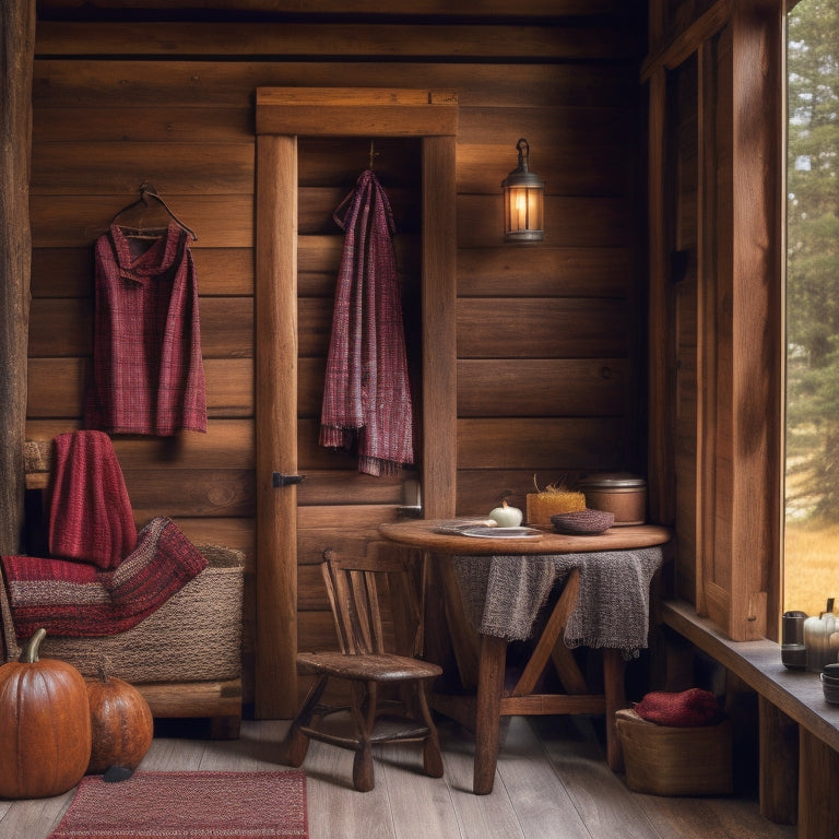 A rustic, autumnal scene: a wooden cabin surrounded by trees, with a large, wooden door ajar, revealing a cozy interior with flannel shirts and pants on wooden shelves and tables.