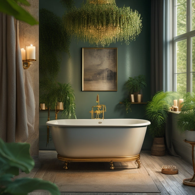 A serene bathroom scene with a freestanding tub, surrounded by lush greenery, soft candlelight, and a statement chandelier, showcasing a mix of metallic and natural textures in a calming color palette.