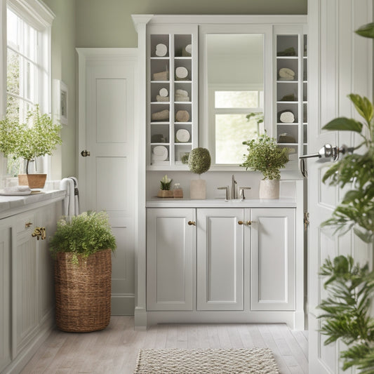A serene bathroom with a wall-mounted cabinet featuring a mirrored door, a recessed medicine cabinet, and a linen closet with stacked baskets and towels, surrounded by calming greenery.