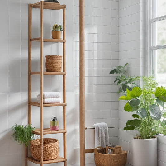 A sleek, wooden ladder shelving unit in a bright, minimalist bathroom, adorned with neatly arranged towels, small potted plants, and stylish toiletries, against a backdrop of soft white tiles and natural light streaming in.