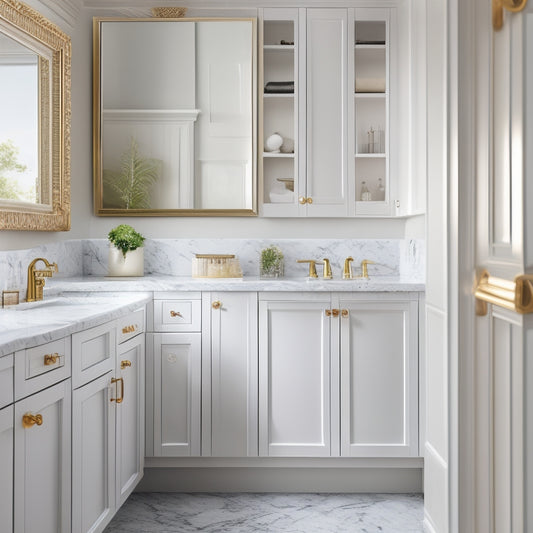 A tidy, modern bathroom with a sleek, white storage cabinet featuring adjustable shelves, soft-close drawers, and ornate metal hardware, set against a calming grey and white marble background.