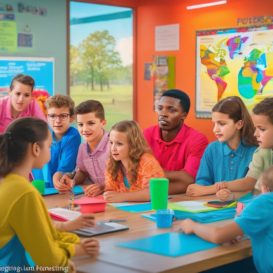 A vibrant, clutter-free classroom with a diverse group of students engaged in various activities, surrounded by colorful charts, tablets, and educational gadgets, with a large interactive whiteboard in the background.