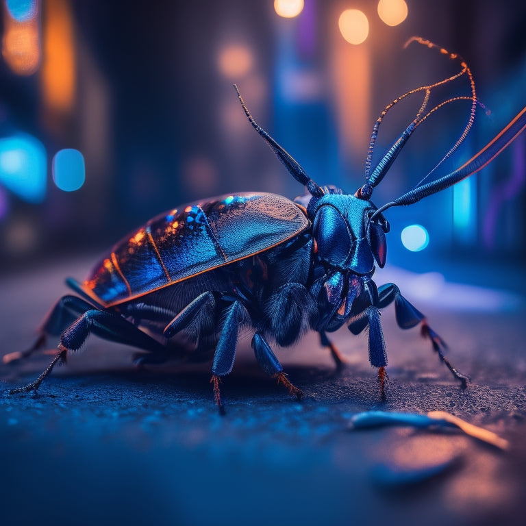 A cockroach's exoskeleton partially replaced with metallic limbs, circuit boards, and glowing blue wires, set against a dark, gritty urban background with faint neon lights reflecting off its shiny new components.