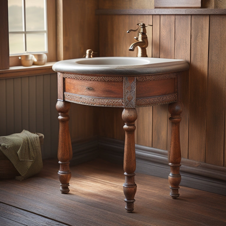 A rustic wooden sink stand with ornate metal legs, adorned with classic Craftsman-style details like exposed hinges and rivets, set against a warm, earthy background with soft, natural lighting.