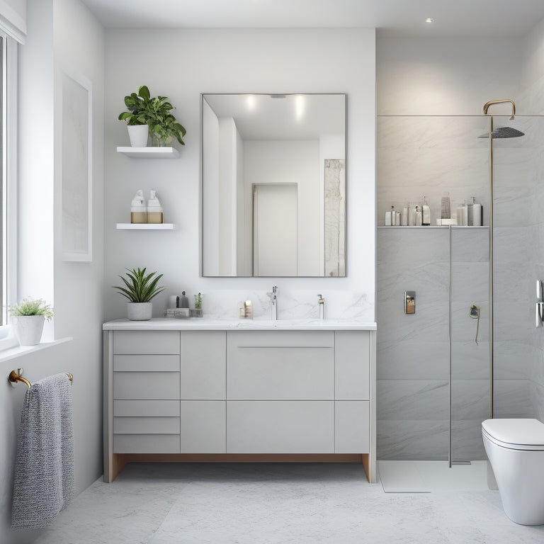 A modern bathroom with 10 sleek, wall-mounted storage units of varying shapes and sizes, filled with bathroom essentials, against a calming gray and white marble background.