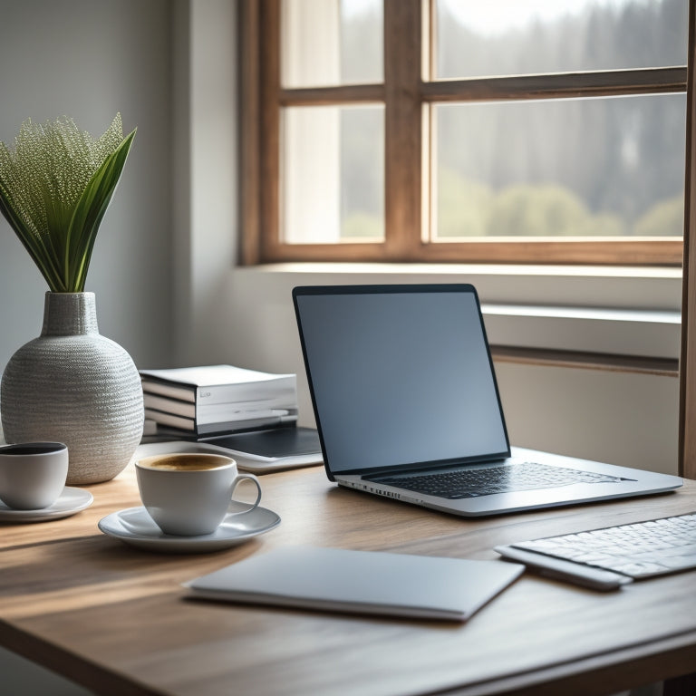 A minimalist desk with a laptop, a cup of steaming coffee, and a few neatly organized papers, surrounded by a calm and serene background with a subtle hint of natural light.