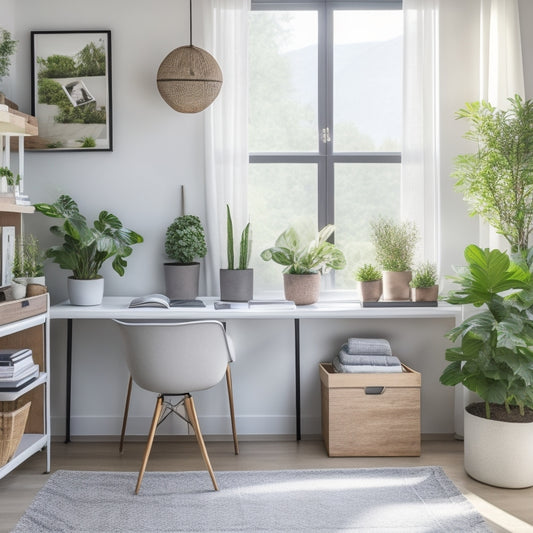 A serene, organized home office with a sleek, minimalist desk, surrounded by labeled storage bins and a few, carefully placed, potted plants, bathed in warm, natural light.