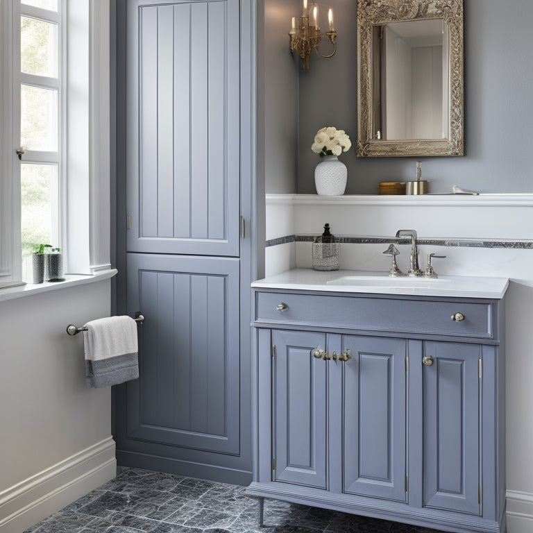 A stylish gray bathroom with a freestanding cabinet featuring ornate metal hardware, adjacent to a wall-mounted cabinet with a soft-close door, surrounded by crisp white countertops and a minimalist sink.