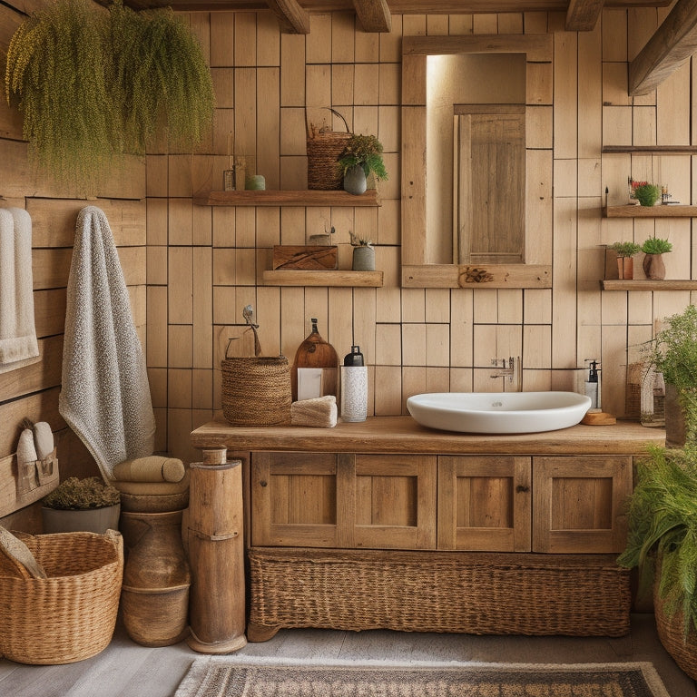 A cozy rustic bathroom featuring wooden shelves filled with neatly arranged towels, wicker baskets, and potted plants, all set against a backdrop of weathered wood walls and vintage fixtures, exuding charm and functionality.