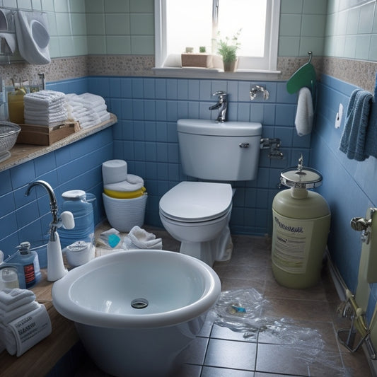 A cluttered bathroom with a toilet-sink combo, featuring a messy countertop, water splashes on the mirror, and a tangled toilet paper roll, conveying disorganization and inconvenience.