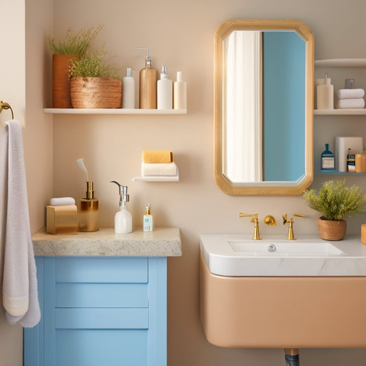 A beige bathroom with a single sink vanity, featuring three floating wall shelves in varying sizes, each holding a different arrangement of toiletries, towels, and decorative items, against a soft blue background.