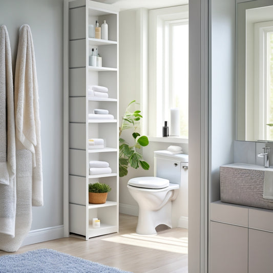 A modern bathroom with sleek, white rotating storage towers, featuring neatly organized towels, toiletries, and beauty products. Soft natural light filters through a frosted window, casting gentle shadows on stylish, minimalist decor.