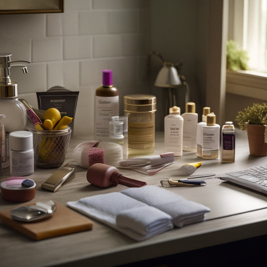 A cluttered bathroom countertop with toiletries and beauty products scattered around a sink, alongside a few textbooks and a laptop, with a blurred-out calendar or planner in the background.