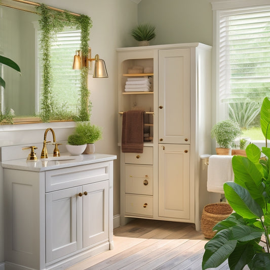 A serene bathroom scene with a sleek, white cabinet featuring pull-out drawers, baskets, and adjustable shelves, surrounded by lush greenery and soft, warm lighting.