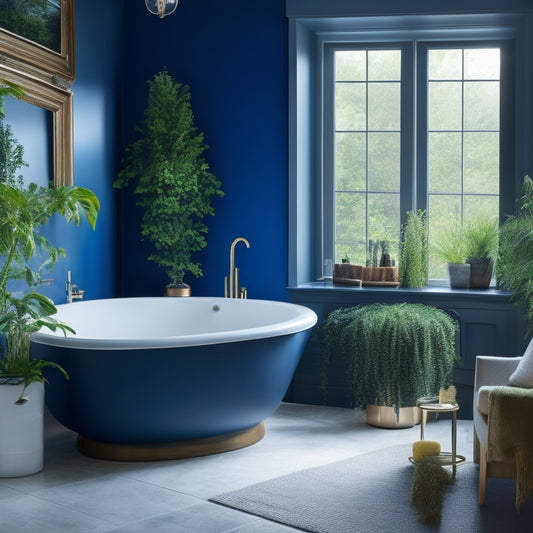 A serene, modern bathroom with dark blue walls, white marble countertops, and a freestanding tub, surrounded by lush greenery and soft, warm lighting that evokes feelings of relaxation and luxury.