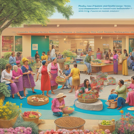 A vibrant illustration depicting a bustling community center, with women of different ages, cultures, and abilities participating in various activities: painting, cooking, gardening, and playing musical instruments together.