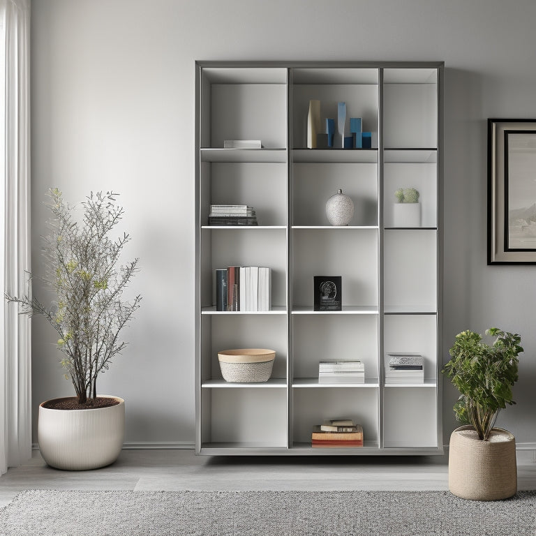 A modern, sleek, wall-mounted storage unit with sliding glass doors, filled with organized rows of books, decorative vases, and framed photos, set against a minimalist, light-gray background.