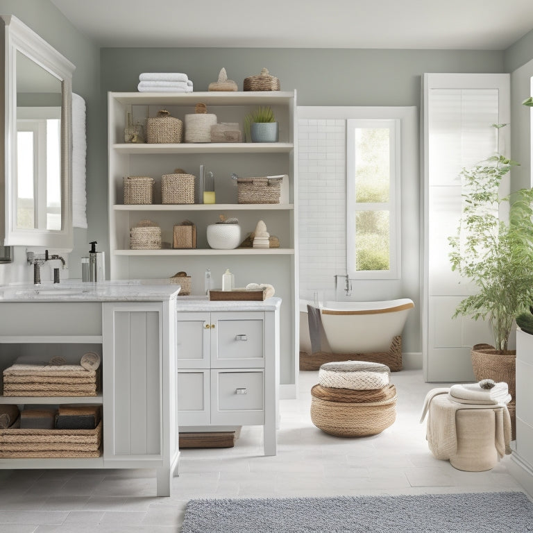 A serene, modern bathroom with a freestanding tub, featuring a wall-mounted, three-tiered shelving unit with woven wicker baskets in varying sizes, and a floor-to-ceiling storage cabinet with frosted glass doors.