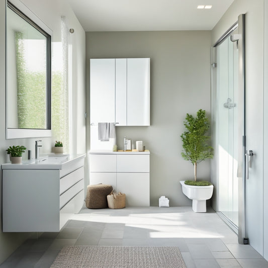 A serene, minimalist bathroom with a wall-mounted sink, a compact toilet, and a walk-in shower with a sliding glass door, showcasing clever storage solutions like recessed shelves and a pedestal sink storage unit.