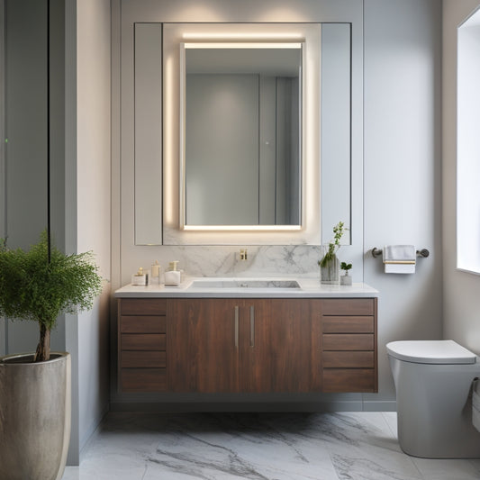 A sleek, modern bathroom with a wall-mounted, rounded-edge vanity featuring a rectangular sink, chrome faucet, and LED-lit mirror, surrounded by gray marble walls and a porcelain floor.