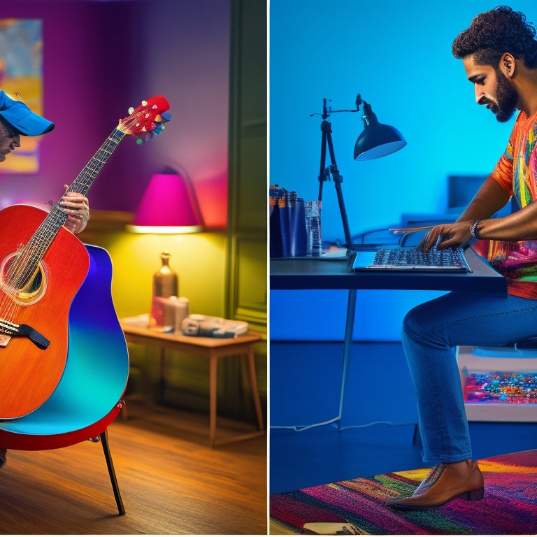 A vibrant, split-screen illustration featuring a person simultaneously painting on an easel, playing a guitar, and coding on a laptop, surrounded by colorful musical notes, paintbrushes, and coding symbols.