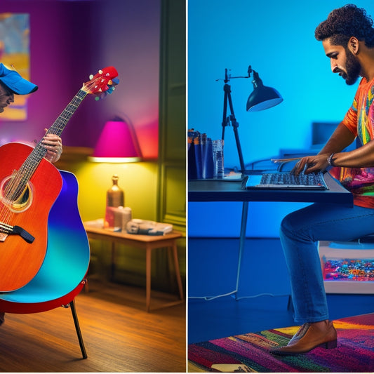 A vibrant, split-screen illustration featuring a person simultaneously painting on an easel, playing a guitar, and coding on a laptop, surrounded by colorful musical notes, paintbrushes, and coding symbols.