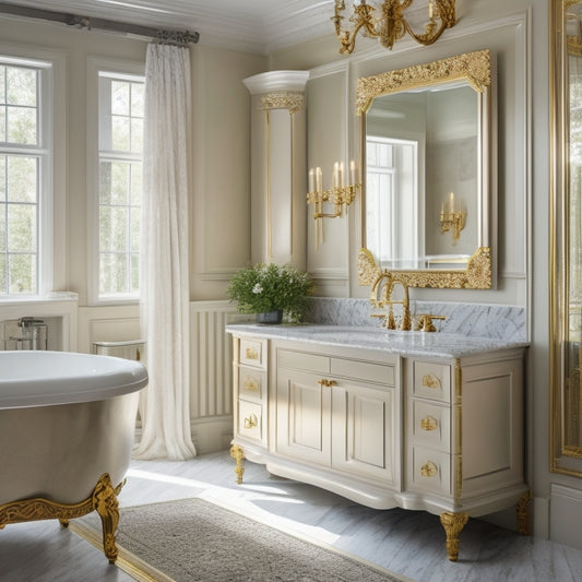A serene bathroom with a floor-to-ceiling cabinet featuring ornate gold hardware, soft-close drawers, and a built-in mirror, surrounded by marble countertops and a freestanding tub.