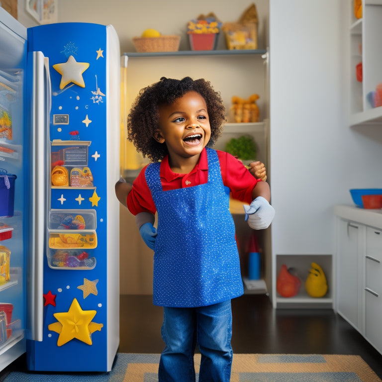 A colorful, illustrated scene of a cheerful child standing in front of a fridge, proudly holding a completed chore chart with shiny stars and smiling emoji stickers, surrounded by tidy toys and a sparkling floor.