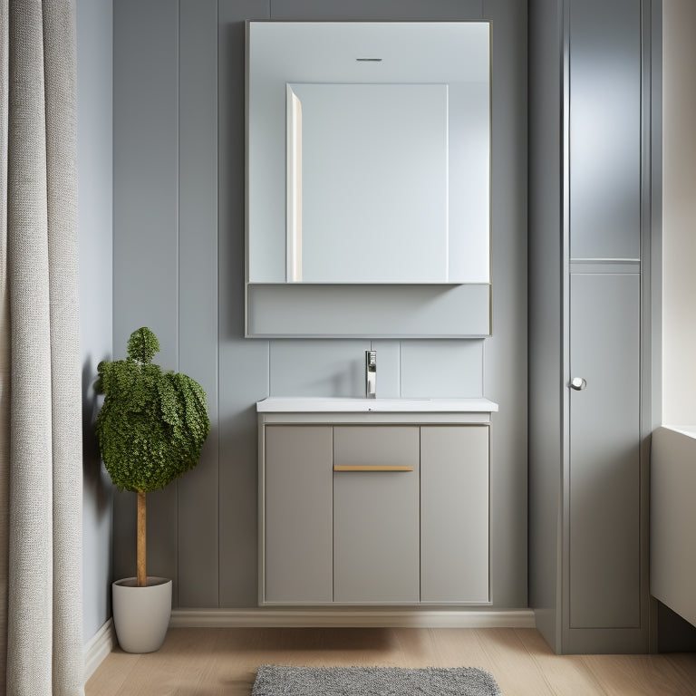 A sleek, wall-mounted vanity unit with a compact, rounded sink and a mirrored cabinet above, set against a calming, soft-gray background with subtle, warm wood accents.