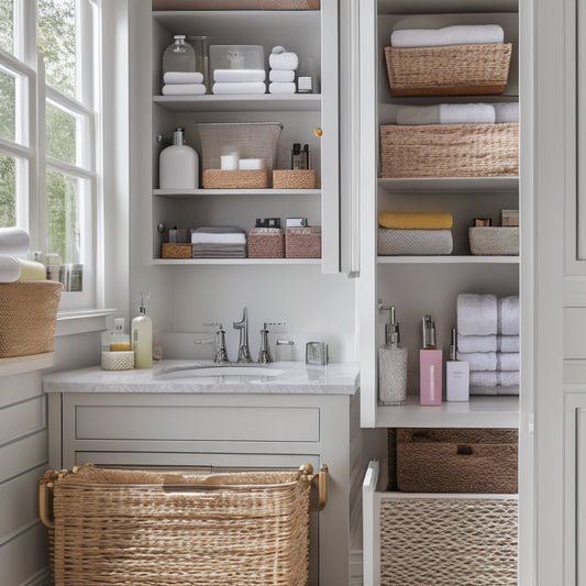 A tidy bathroom cabinet with adjustable shelves, woven baskets, and clear storage bins, showcasing a neatly organized array of toiletries, towels, and beauty products in a soft, natural light setting.