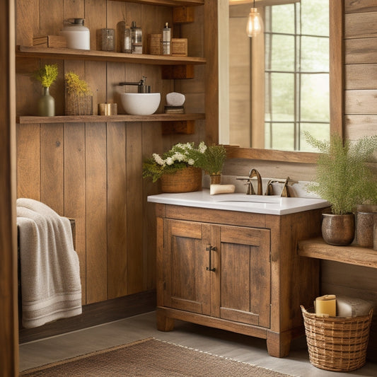 A charming rustic bathroom vanity crafted from reclaimed wood, featuring open shelving for storage, vintage-style hardware, a ceramic sink, and soft, warm lighting, surrounded by earthy tones and natural textures.