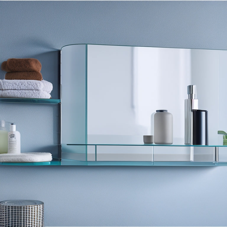 A sleek, modern bathroom with three wall-mounted glass shelves in different styles: a rectangular shelf with rounded edges, a floating shelf with a chrome bracket, and a curved shelf with a minimalist arm.