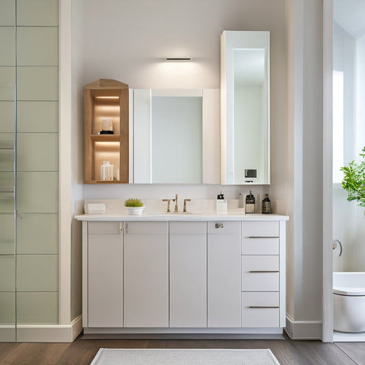 A serene, spa-like bathroom with a sleek, wall-mounted medicine cabinet featuring adjustable shelves, a mirrored door, and ambient LED lighting, surrounded by a minimalist countertop and floor.