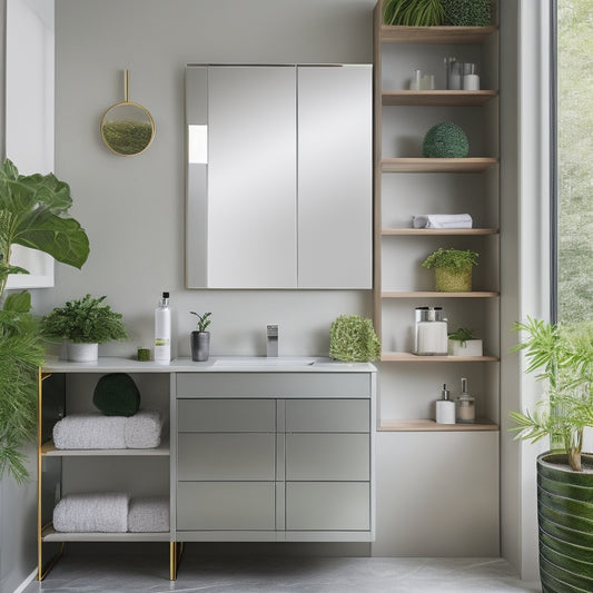 A sleek, modern bathroom featuring a multi-functional mirrored cabinet with open shelves, neatly organized toiletries, soft ambient lighting, lush green plants, and elegant decor items, reflecting a serene and tidy atmosphere.