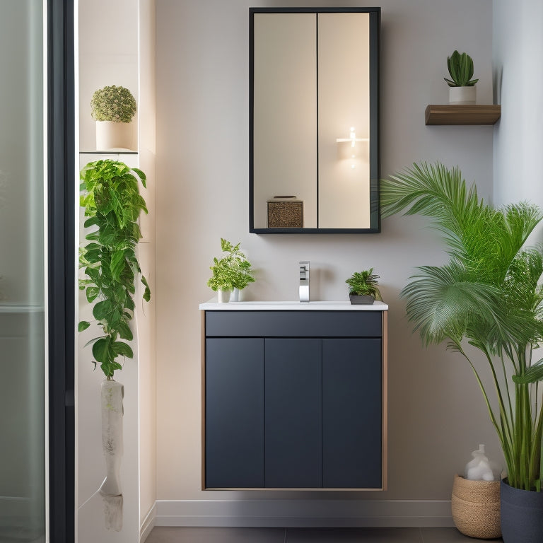 A sleek, modern slimline bathroom cabinet in a small, elegantly tiled space, adorned with minimalist decor, soft ambient lighting, and a small potted plant, showcasing efficient storage solutions and contemporary design.
