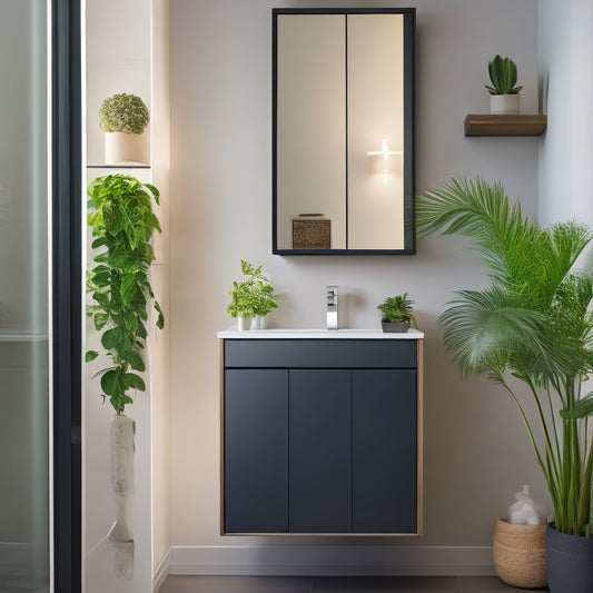 A sleek, modern slimline bathroom cabinet in a small, elegantly tiled space, adorned with minimalist decor, soft ambient lighting, and a small potted plant, showcasing efficient storage solutions and contemporary design.