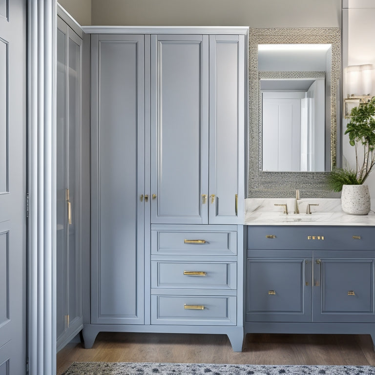 A modern bathroom with a wall-mounted cabinet featuring soft-close drawers, a recessed medicine cabinet with mirrored door, and a freestanding linen cabinet with ornate metal hardware, surrounded by sleek grey tiles and warm lighting.