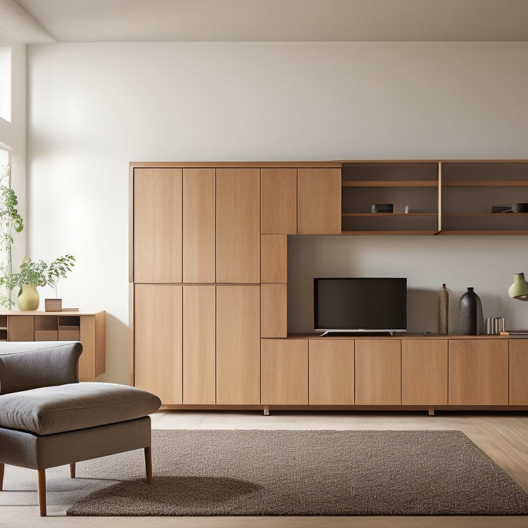 A minimalist, modern living room with three wooden wall-mounted cabinets in different styles, sizes, and wood tones, against a neutral-colored wall with ambient lighting.