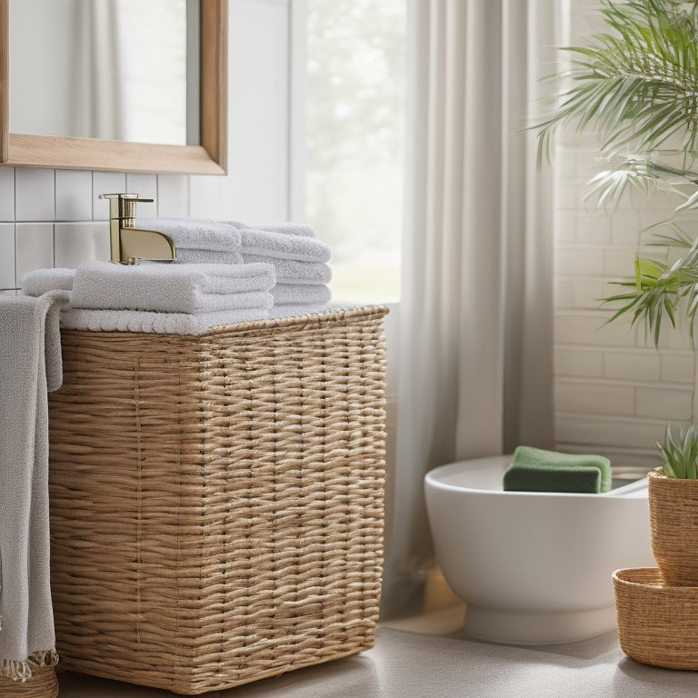 A serene bathroom scene featuring elegant bamboo storage baskets, neatly organized toiletries, and lush greenery, all bathed in soft, natural light, creating a tranquil and stylish ambiance.