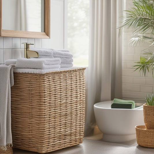 A serene bathroom scene featuring elegant bamboo storage baskets, neatly organized toiletries, and lush greenery, all bathed in soft, natural light, creating a tranquil and stylish ambiance.