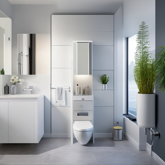 A modern bathroom with a sleek, wall-mounted, rotating storage cabinet featuring glass shelves, chrome accents, and a soft-close mechanism, surrounded by a minimalist sink, toilet, and large mirror.