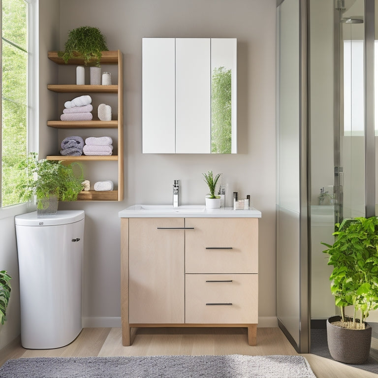 A sleek, modern bathroom featuring elegant wall-mounted storage units made of waterproof materials, showcasing neatly organized toiletries, vibrant towels, and stylish decor, all against a serene backdrop of soft, muted colors and natural light.