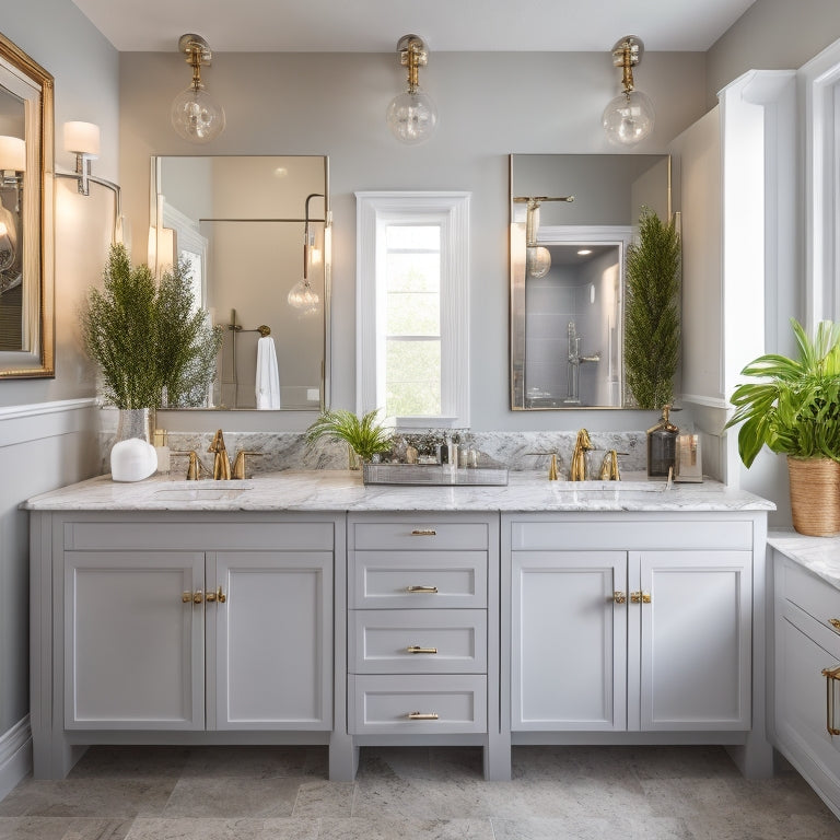 Generate an image of a modern bathroom with two freestanding cabinets, one on each side of a dual sink vanity, featuring chrome faucets, marble countertops, and soft, warm lighting.