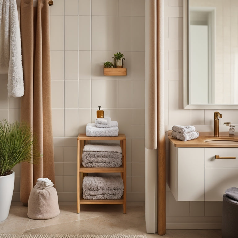 A serene bathroom with creamy walls, featuring three small wooden shelves in a honey-brown finish, each holding rolled towels, soap dispensers, and a potted plant, against a soft gray background.