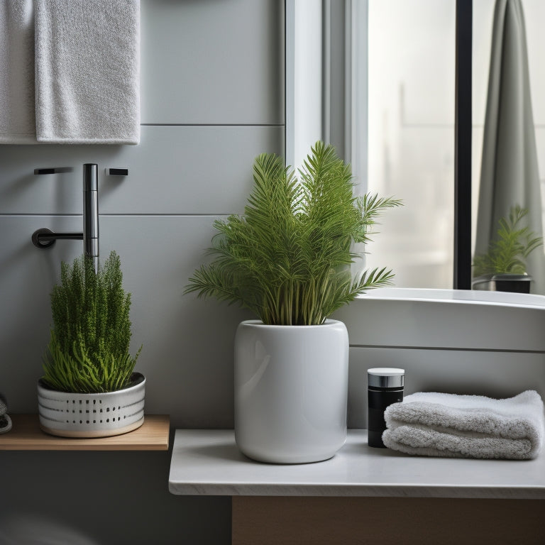 A tidy hotel bathroom countertop with a few carefully arranged, sleek, and modern essentials: a small trash can, a minimalist toilet brush, a petite plants, and a few rolled towels.