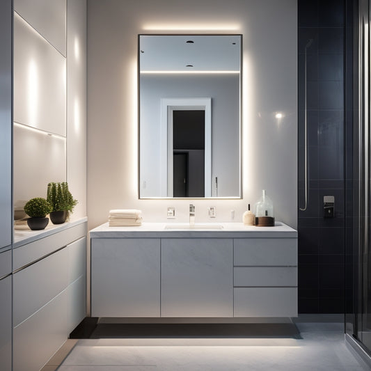 A sleek, modern bathroom with a large, illuminated mirror cabinet featuring soft-close doors, LED lighting, and a minimalist chrome handle, surrounded by marble countertops and a freestanding tub.